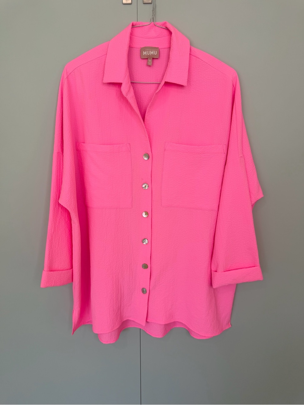 SHOW ME YOUR MUMU Johns Button Down Shirt in Electric Bubble Gum Pink - Picture 2 of 9